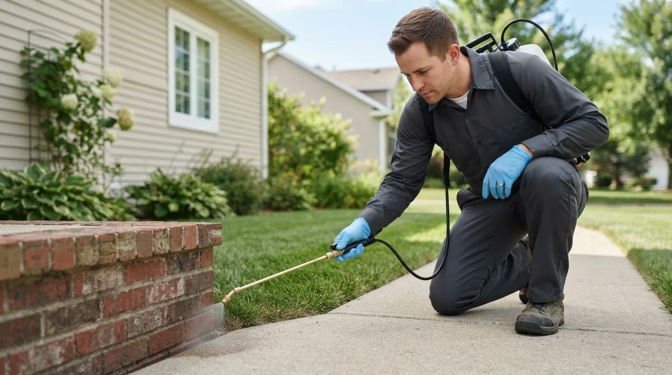 Pest control technician treating a home near Lucan, MN