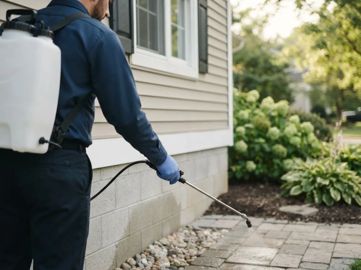 Pest control technician inspecting a home in Lucan, MN